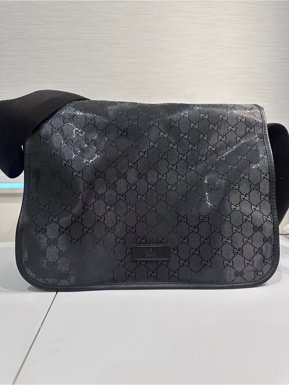 Authentic Gucci Imprime Black GG Monogram Diaper Bag/Messenger Satchel